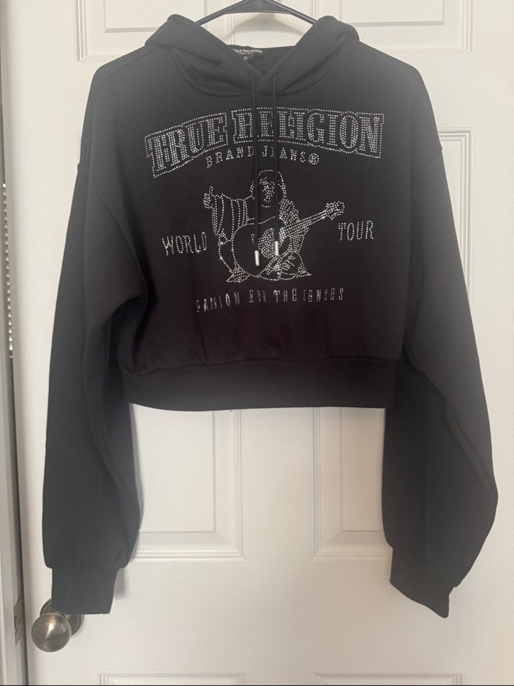 True Religion Black Rhinestone Logo Cropped Hoodie